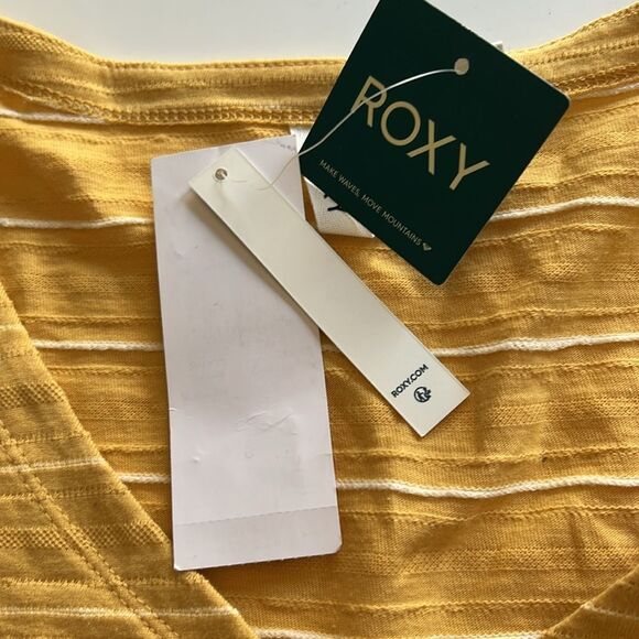 Roxy Uncomplicated Mind Button Front Stripe Tee Ochre Beachy Yarn, Small, NWT - Picture 5 of 9